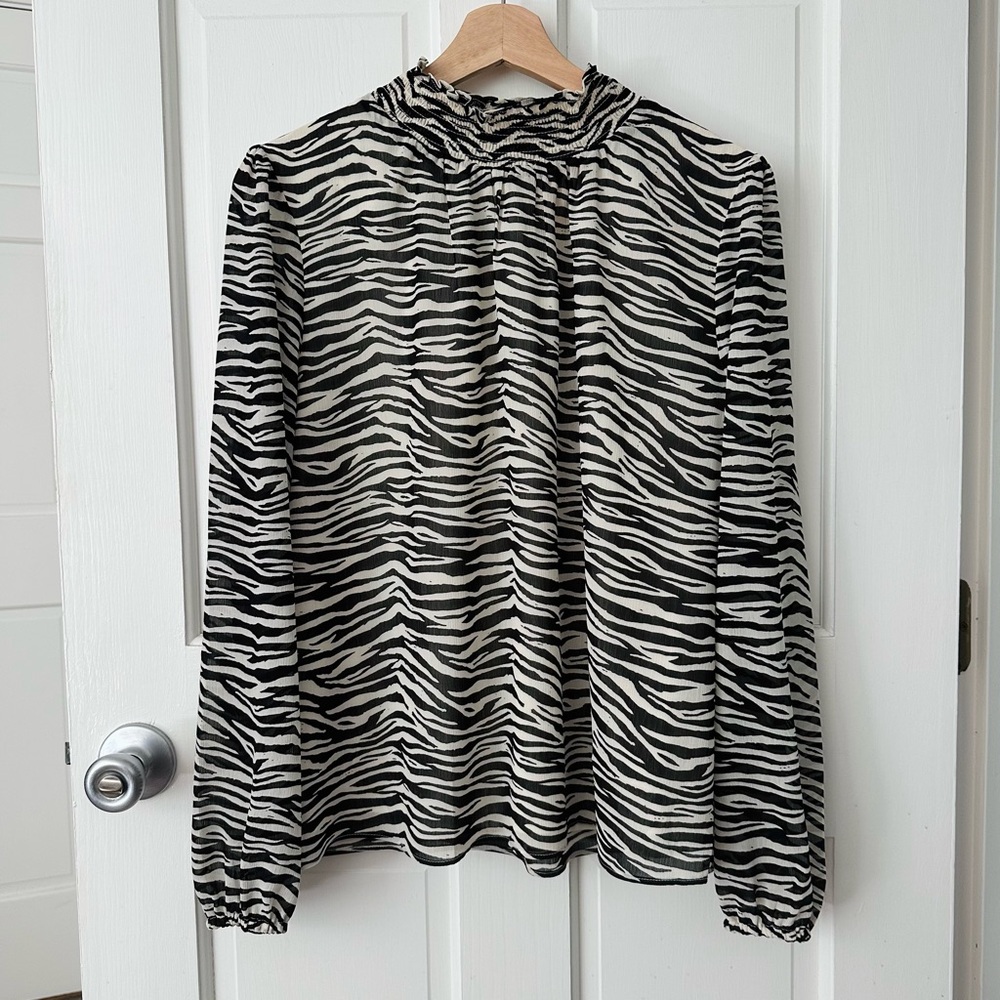 J. CREW Zebra Long Sleeve Mock Neck Blouse Ivory Black Size M